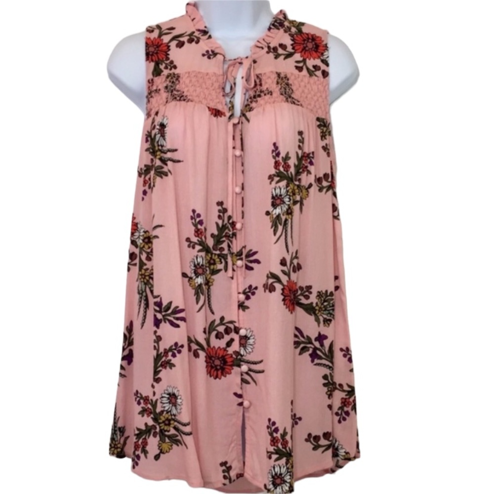 Blu Pepper Pink Floral Smocked Sleeveless Tie Neckline Blouse Small